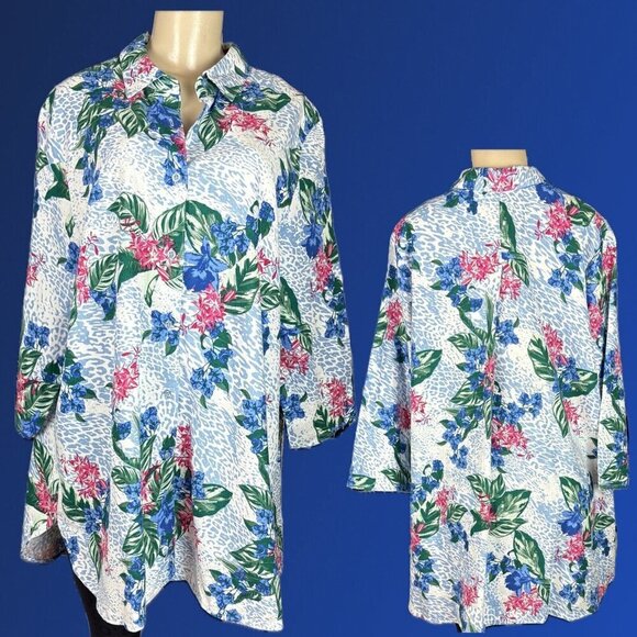 Jssica London +20W Blue-Pink Floral Button Linen Blend Collar 3/4 Sleeve Shirt - Picture 1 of 6